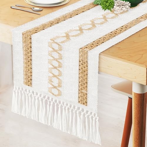 Boho Table Runner 72 Inches Macrame Style Beige & Brown Pinstripe With Tassels