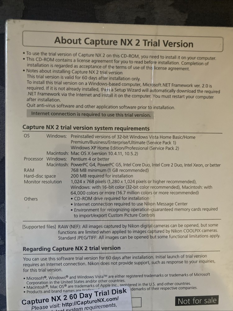 Nikon Capture NX 2 Camara Software CD Trial Version Windows & Mac Computer