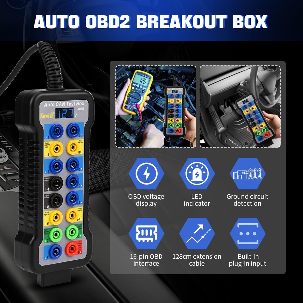 OBD2 Breakout Box 16-Pin CAN Bus Protocol Detector with LCD for ECU Testing