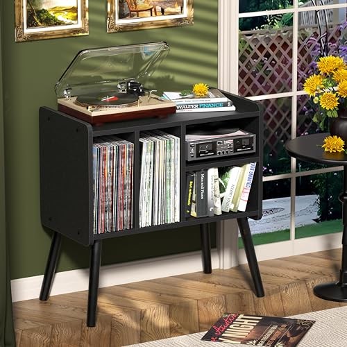 Record Player Table, Mid-Century Record Player Stand with Vinyl Storage Black