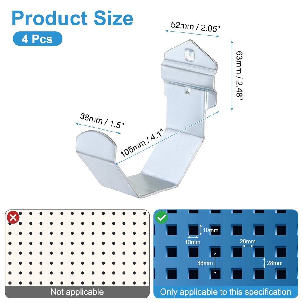 4Pcs 4.1" Metal Square Peg Board Hook for 3/8" Spaced Pegboards, Silver