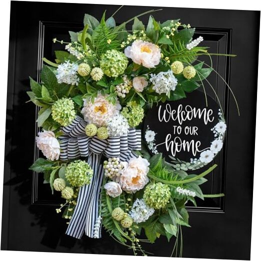 Spring Summer Wreaths for Front Door, Half Circle Summer Wreath with Hydrangea