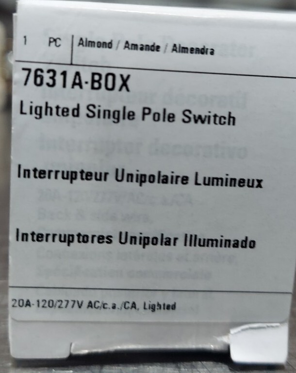 Eaton 7631A-BOX. Lighted Single Pole Switch. 20A 120/277vac. Lighted While OFF
