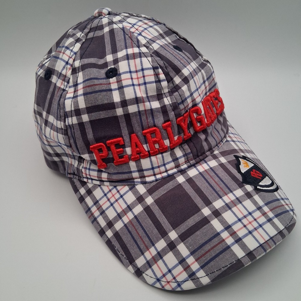 Pearly Gates Golf Hat Cap Strap Back Plaid Gray White Blue Red Script Shield 89