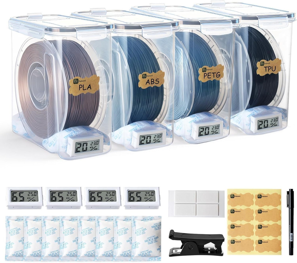 4-Pack Airtight 3D Printer Filament Storage Boxes with Hygrometers and Accessori
