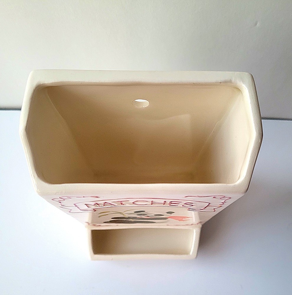 Vtg Ceramic Hand Painted Wall Match Holder Panda Bear Bamboo Cottage Signed