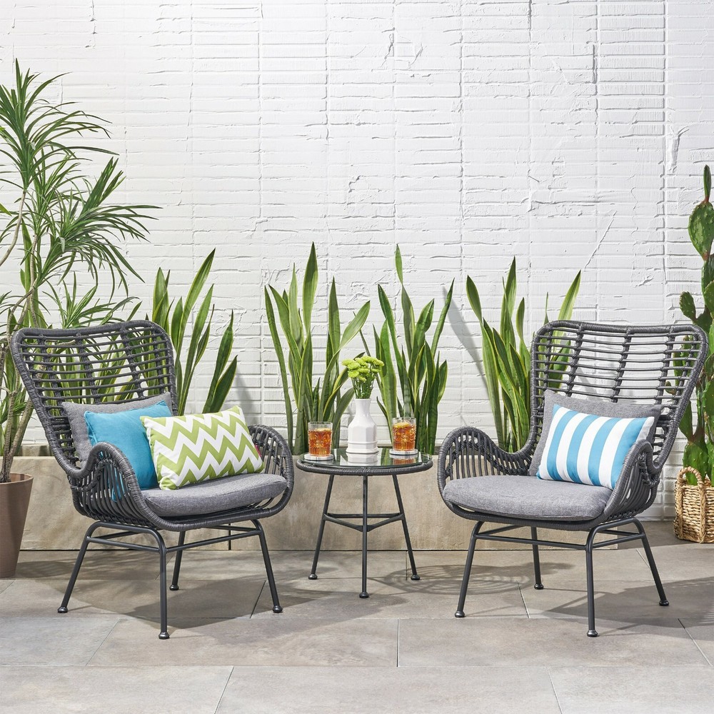 Naomi Outdoor 3 Piece Wicker Chat Set with Cushions