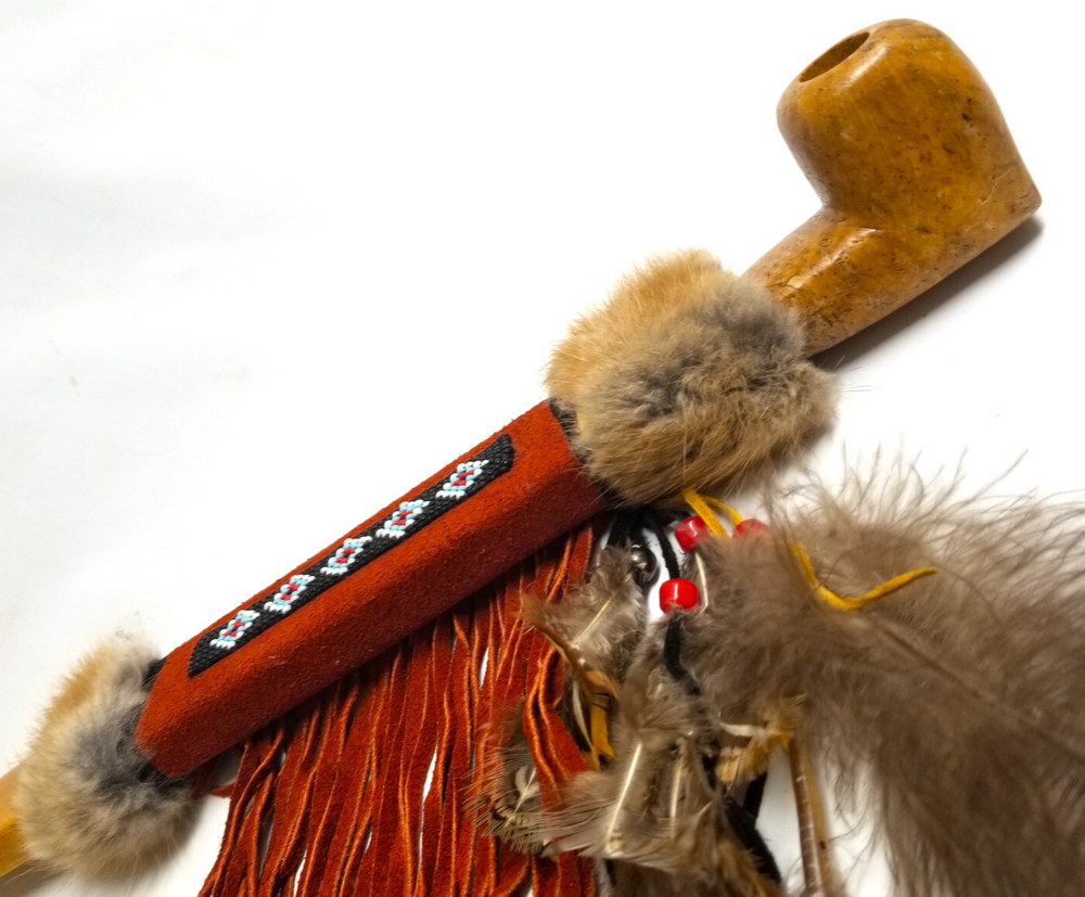 14-3/4" Marbled  SoapStone Peace Pipe Apache Made Chanupa Pipe
