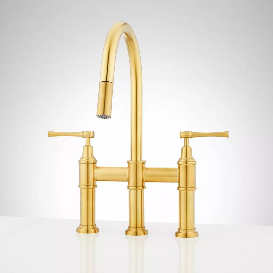 Signature Hardware Hurston Pull-Down Bridge Kitchen Faucet - Brushed Gold