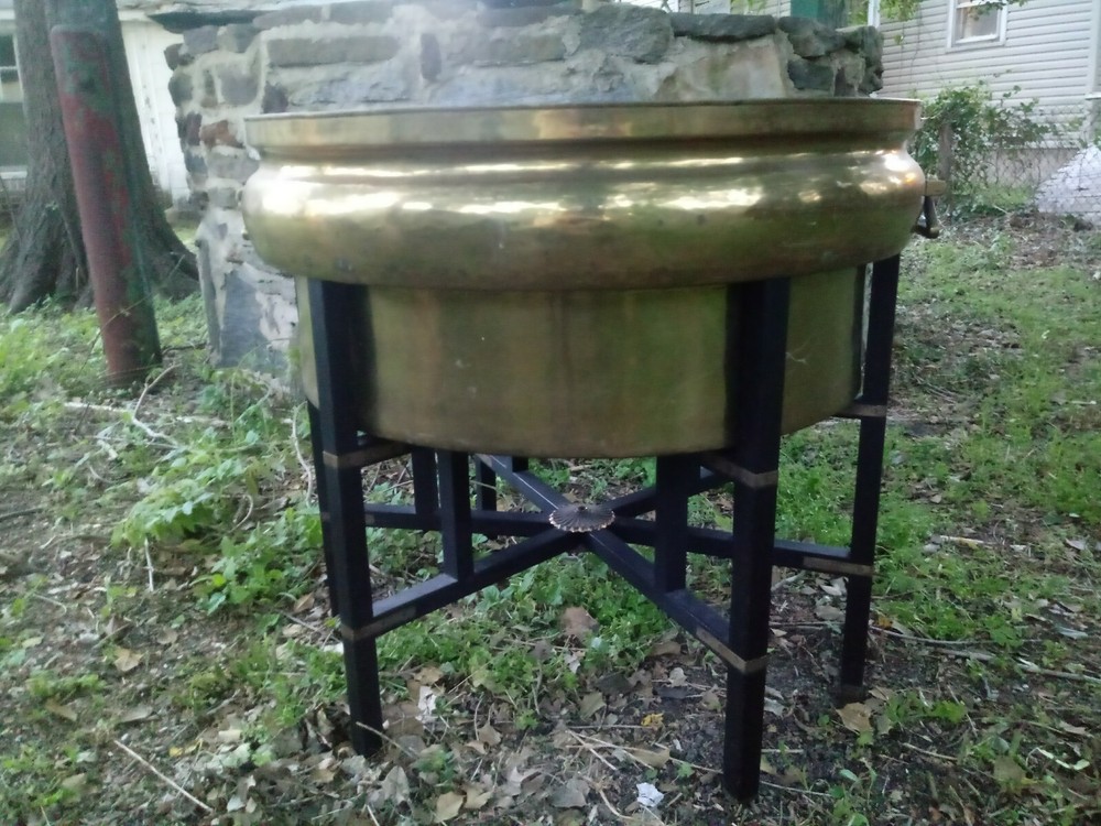 HUGE COPPER BRASS PLANTER POT STAND HANDLES INSERT COFFEE TABLE BASE