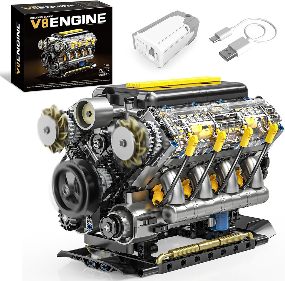 V8 Engine Model Kit That Runs, Visible Mini Car Motor Building Blocks Set for Ad