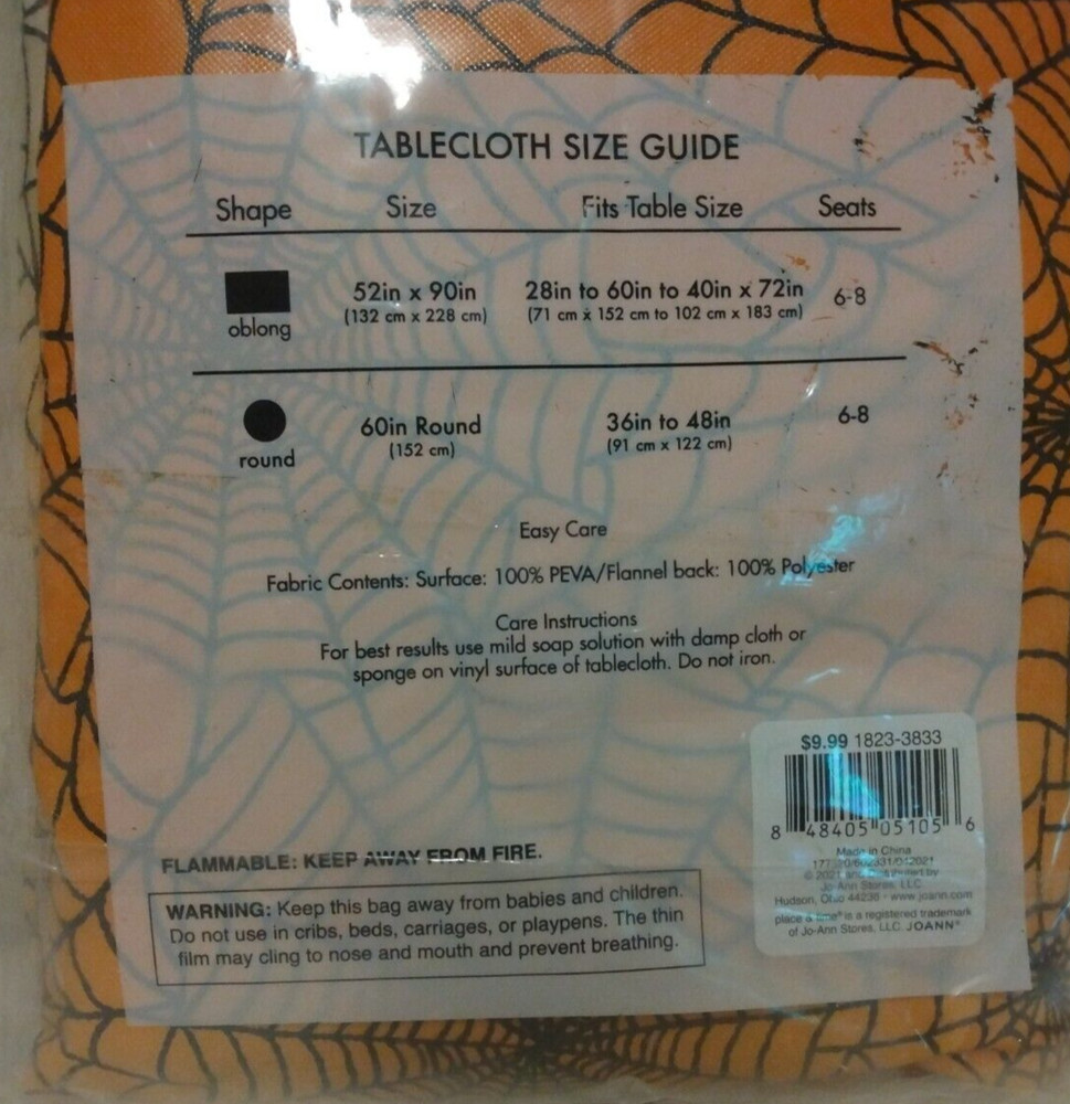 Fun House Place & Time Halloween Spider Web Oblong Vinyl Tablecloth