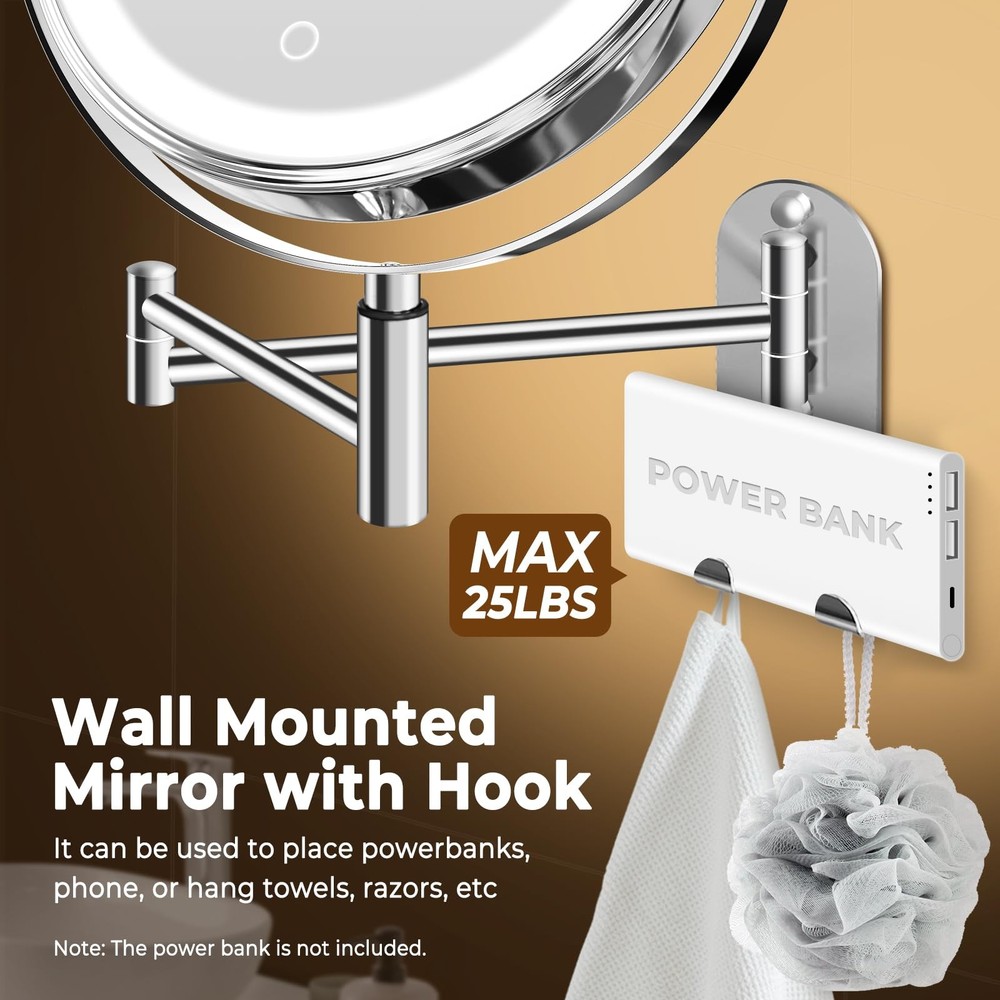8" Wall Mounted Lighted Makeup Mirror, 3000mAh Rechargeable Double Sided 1X/1...