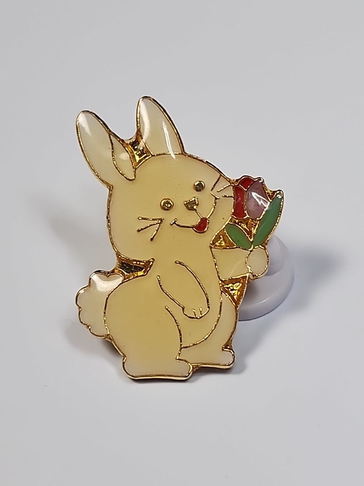 White Bunny Rabbit With Flowers Lapel Pin