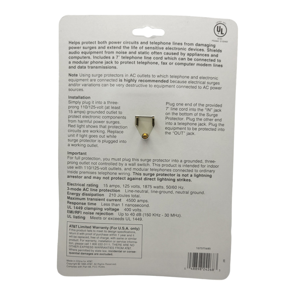 AT&T 24268 Surge Protector Electronics Protector Power Outlet Plug Noise Filter