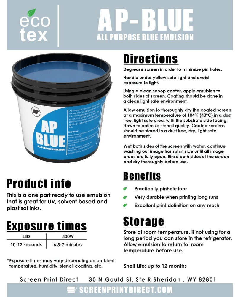 Ecotex® AP-Blue All Purpose Ready to Use Screen Printing Emulsion - All Sizes