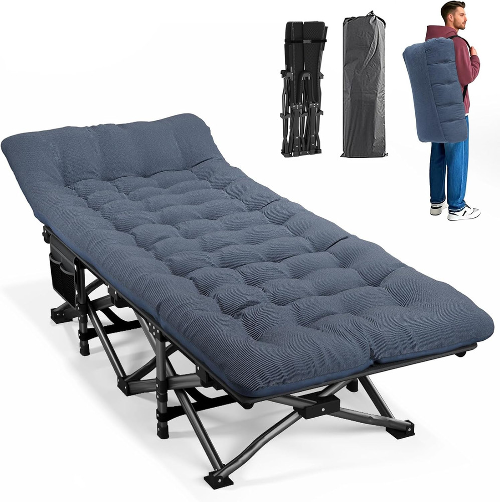 Camping Cot Folding Bed for Adults Portable Sleeping Cot with Cushion Blue