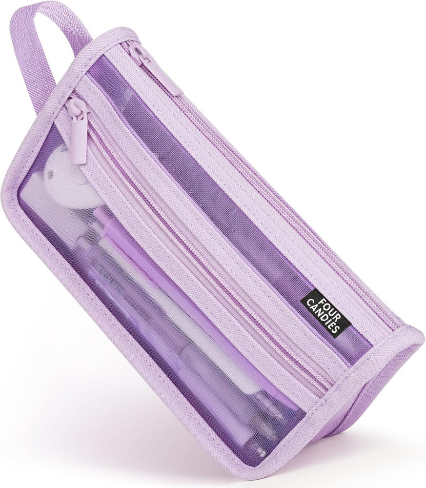 Four Candies Grid Mesh Pencil Case with Handle and Zipper, Clear Double-Layer Pe