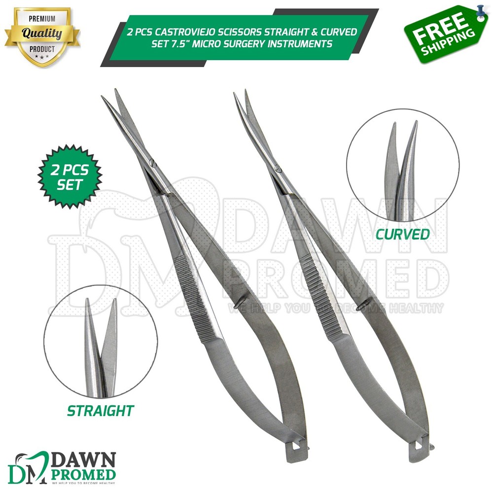 2 Pcs Castroviejo Scissors Straight & Curved Set 7.5" Micro Surgery Instruments
