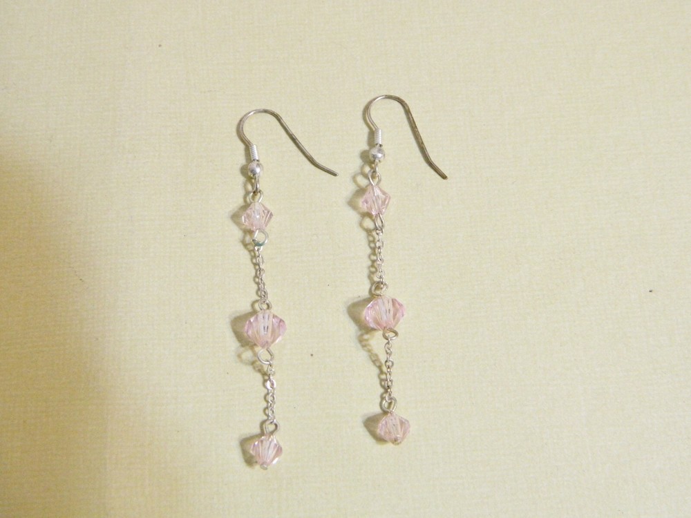 Long Dangling Silvertone & Pink Bead Pierced Earrings