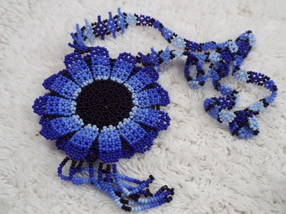 Black Blue Micro Glass Bead Pendant Necklace + Ring