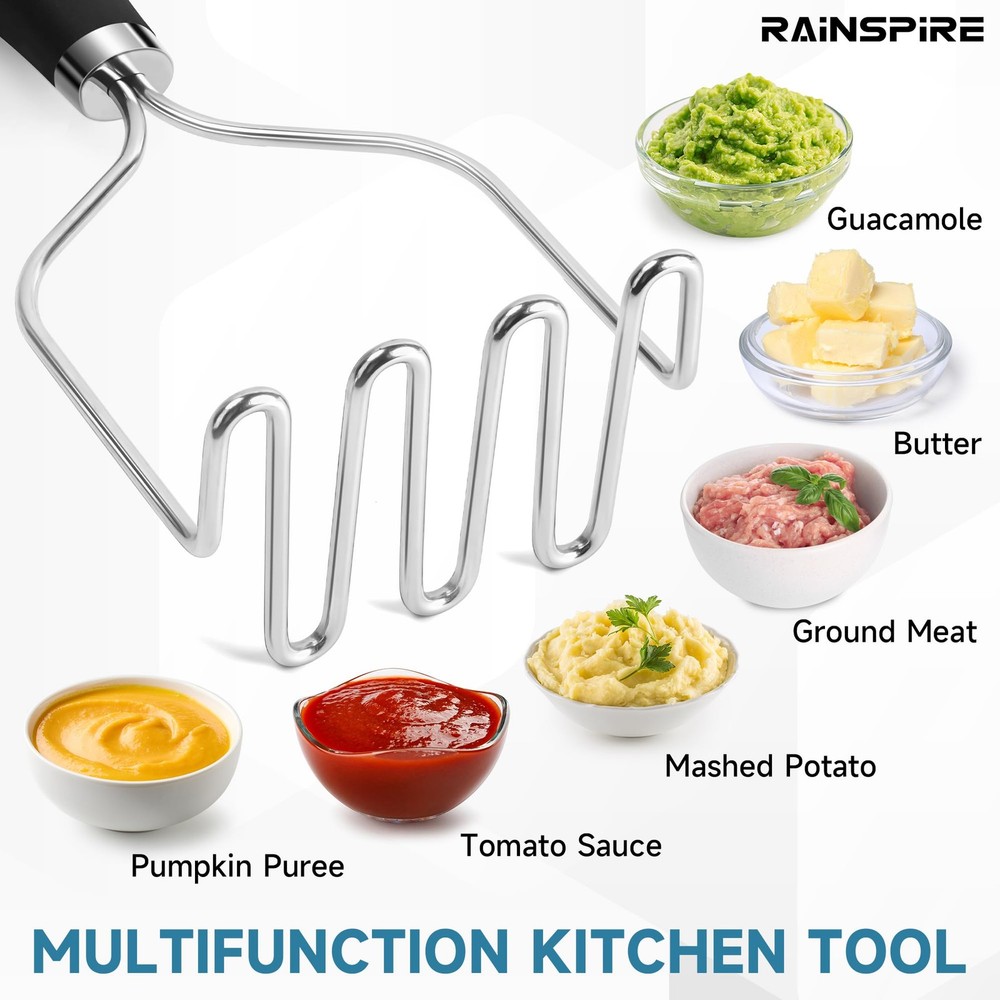 Rainspire Potato Masher Stainless Steel, Mashed Large, Black