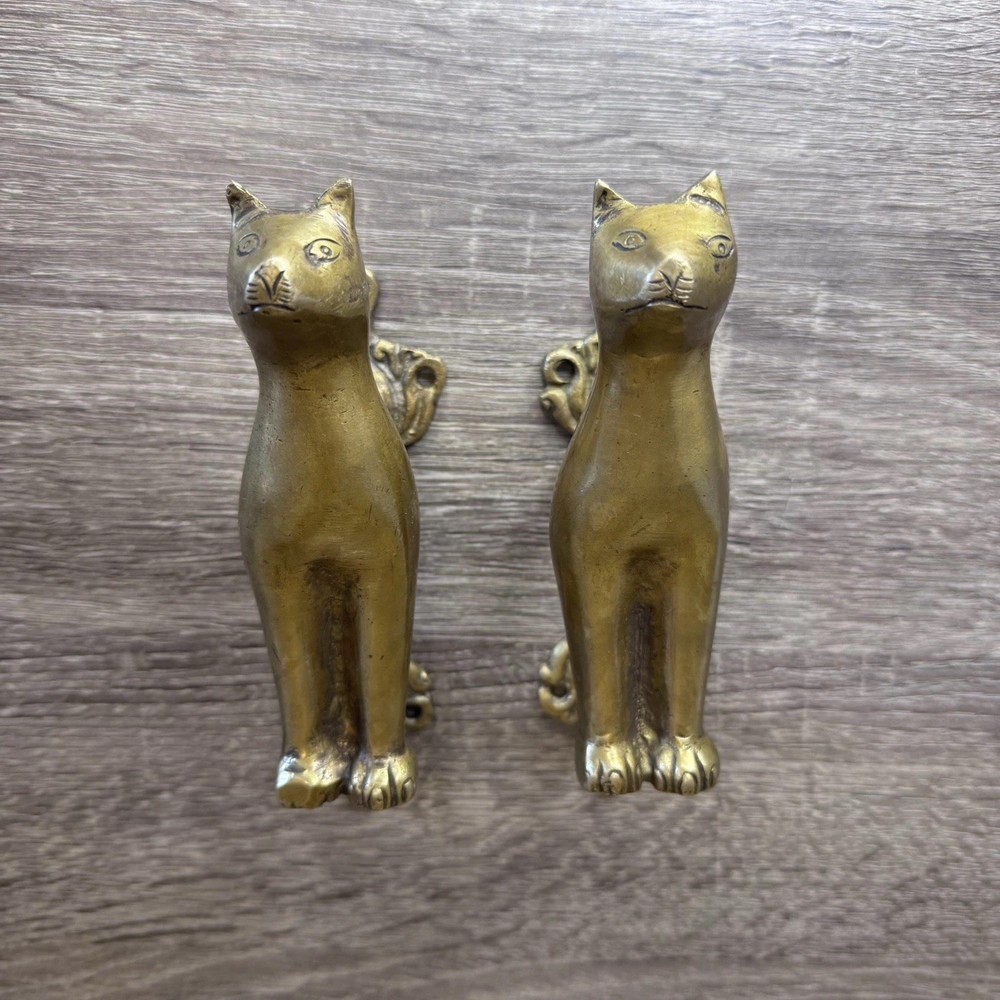 Brass Cat Design Wardrobe Pull Set Kitten Animal Theme Door Handle Two