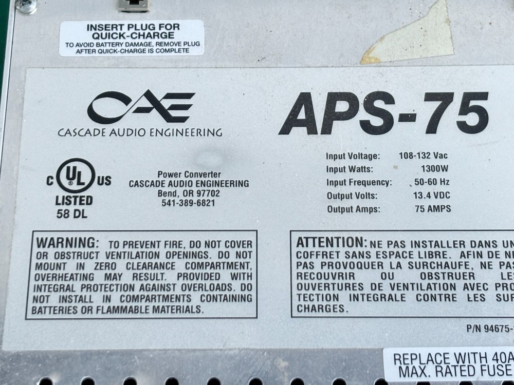 CAE APS-75- Power Converter AC to DC 13.8 Volt - 75 Amp Cascade Audio Eng.
