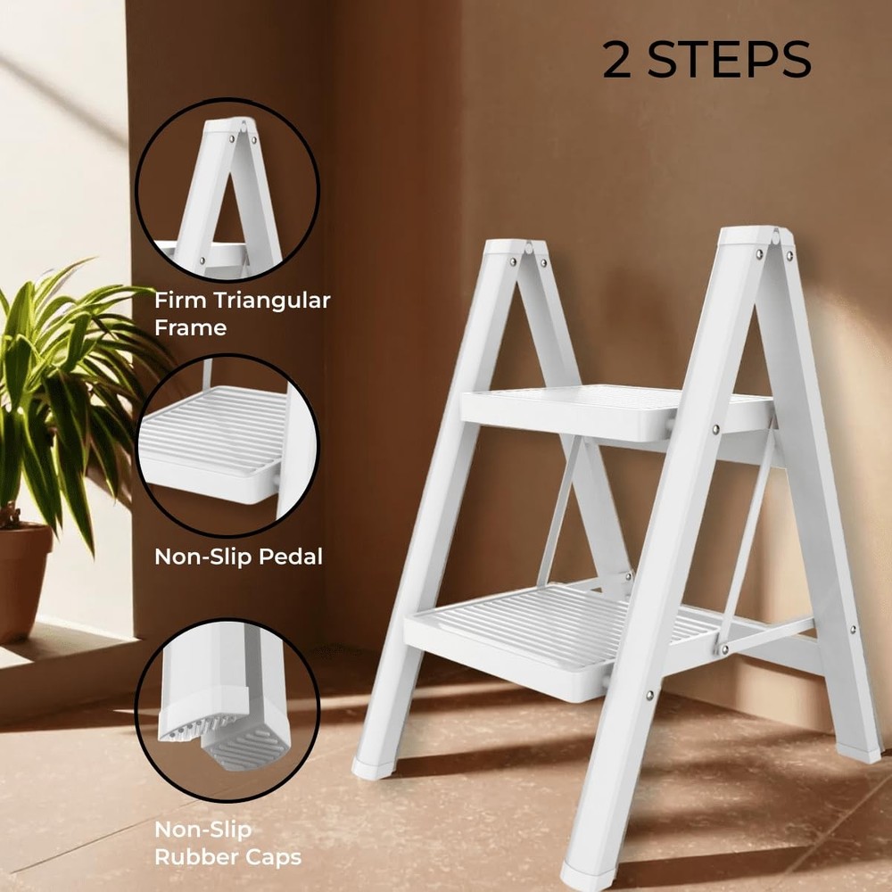 2 Step Folding Ladder Aluminum | White Standing Ladders Foldable - Two Step L...