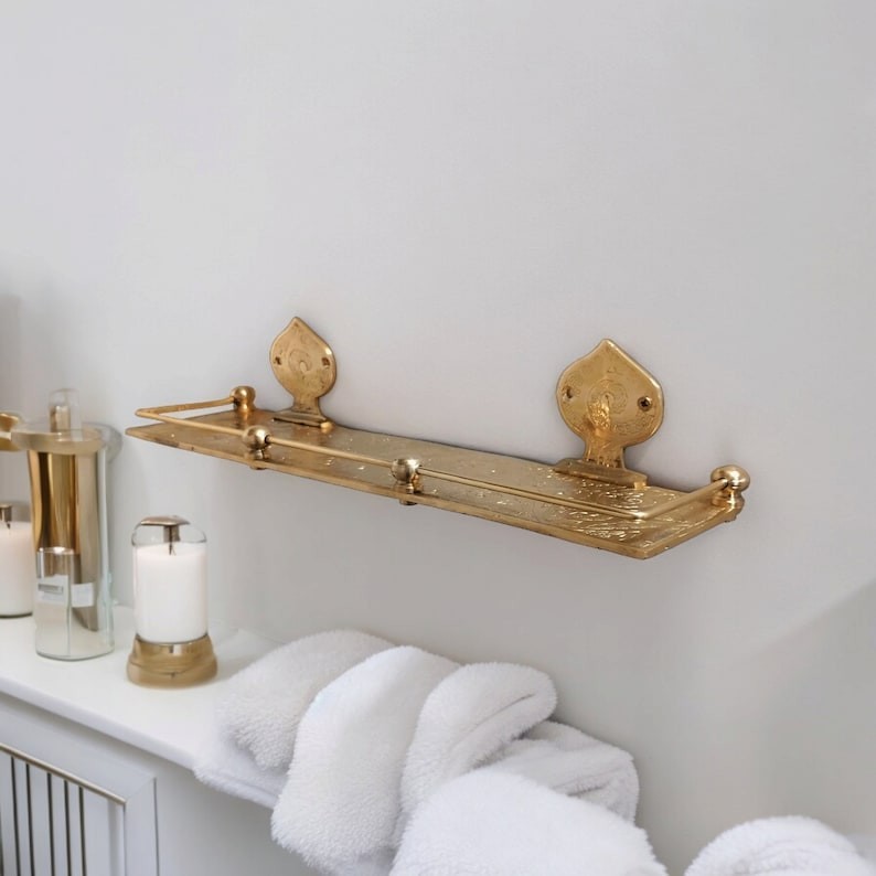 Engraved Solid Brass Wall Mounted Bathroom Shelf, Moroccan Handmade Brass Bathro