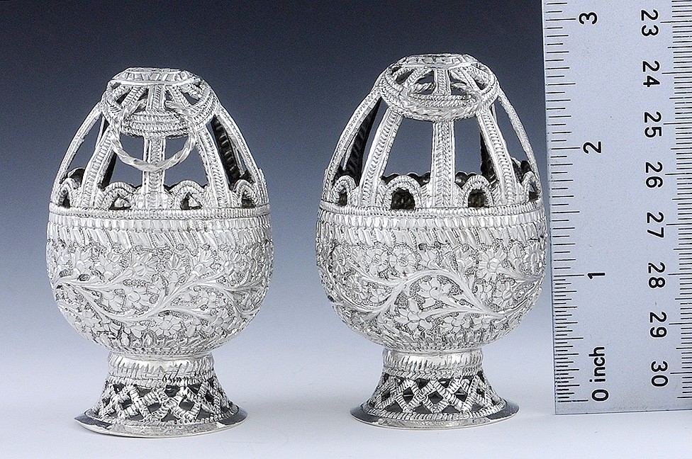 Great Antique Pair Silver Openwork Egg-Form Baskets - India? c1870s