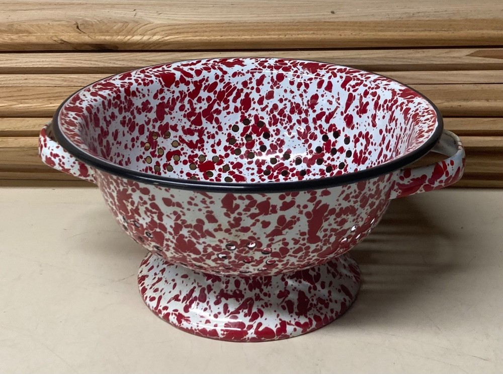 Vintage Enamelware Graniteware Red White Splatterware Colander 9" Diameter