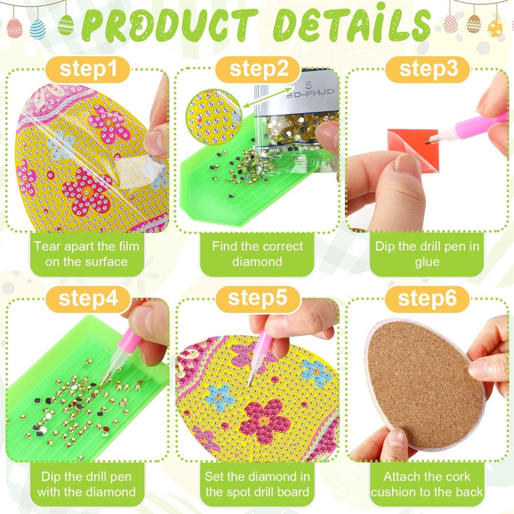 FairySandy 10 Pcs Easter Diamond Painting Coasters Egg Bunny Medium, As Shown