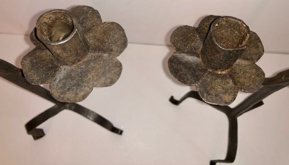 ANTIQUE EARLY WROUGHT IRON CANDLE HOLDERS.