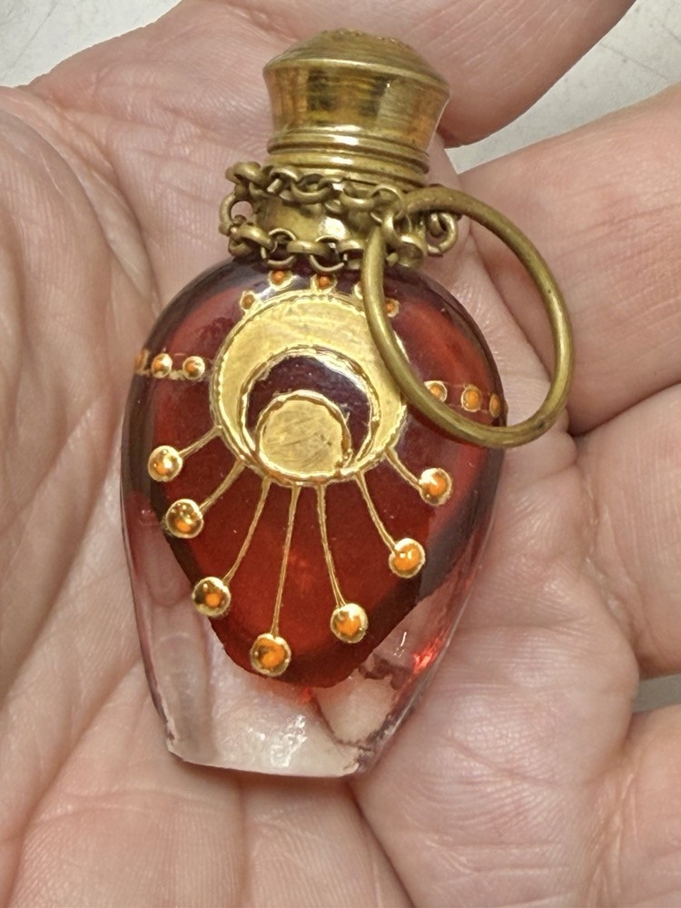 Vintage Chatelaine Finger Ring Perfume Bottle Red Glass Enamel