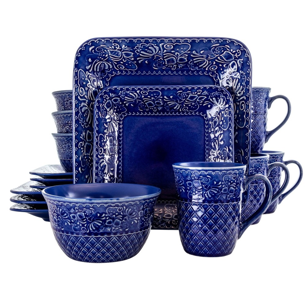 Indigo Lotus 16 Pieces Square Dinnerware Set Plate Bowl Mug Set Kitchen Dining