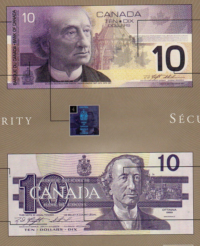 Canadian 1986 and 2001 $10 uncirculated notes set with same serial numbers