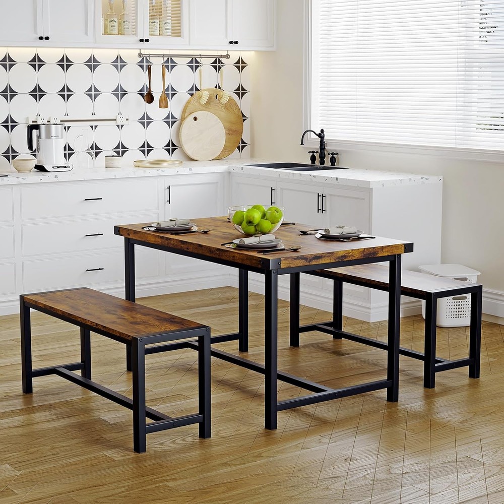 Dining Table with 2 Benches Industrial, 3 Piece Set for Small Kitchen Apartment