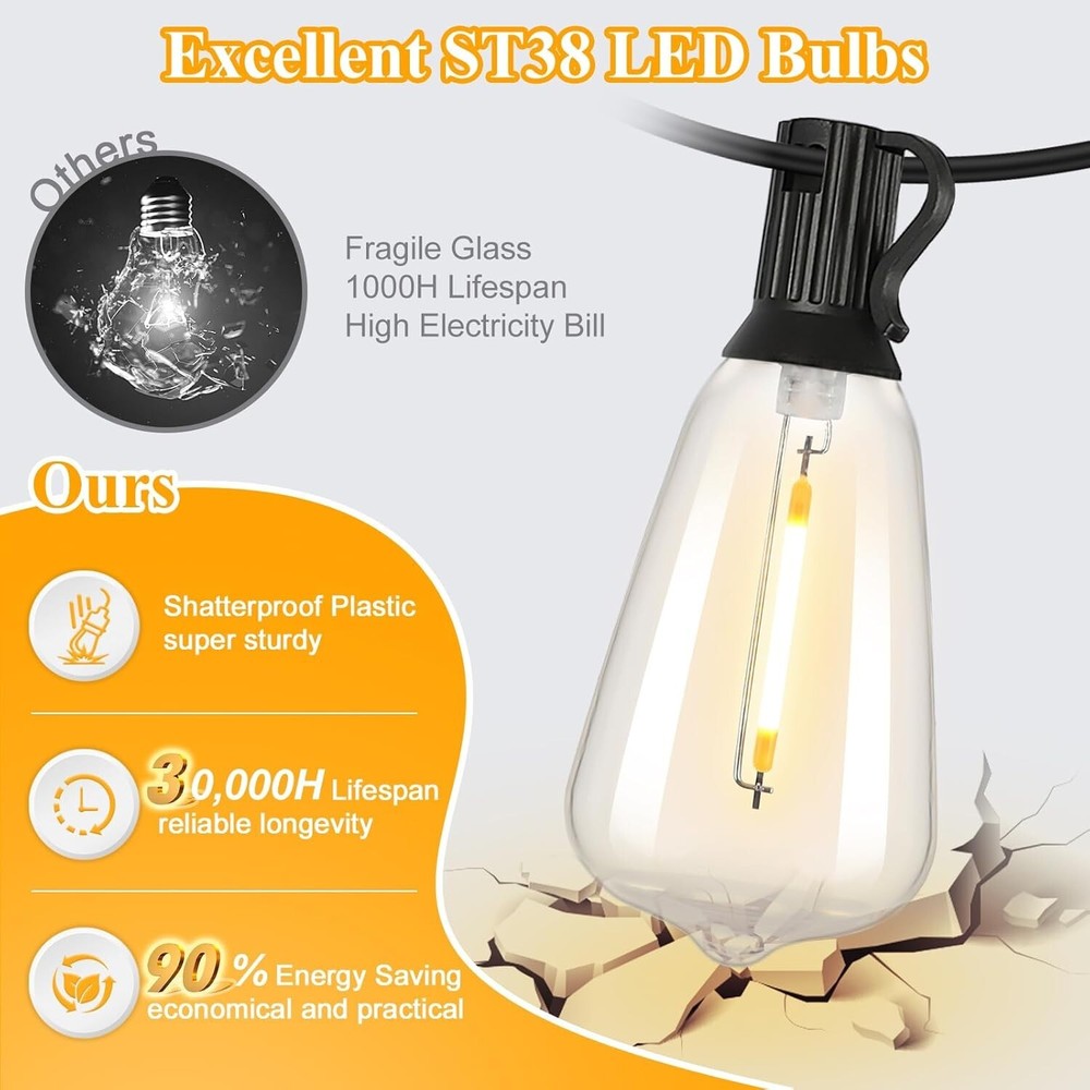 100FT LED Outdoor String Lights - ST38 Edison Bulbs, Waterproof & Dimmable