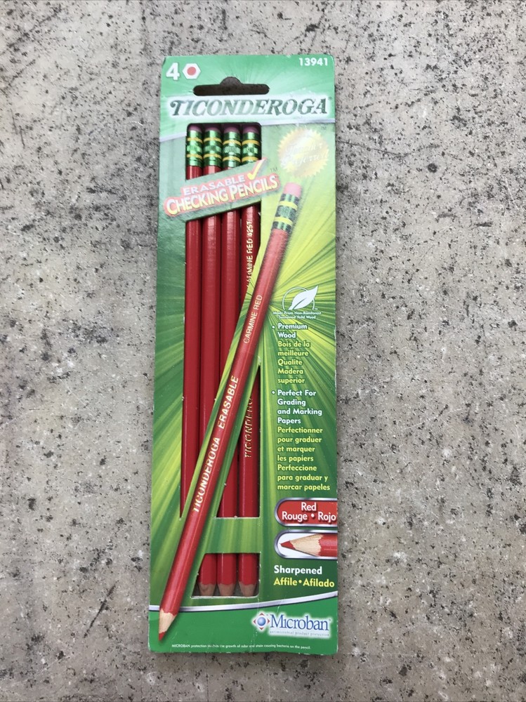 Ticonderoga Erasable Checking Pencils, Eraser Tipped, Pre-Sharpened, 4/Pack, Red
