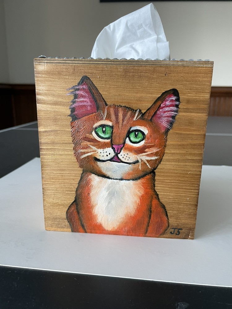 Hand Painted Tissue Box Holder Solid Wood cute orange tabby cat Decor