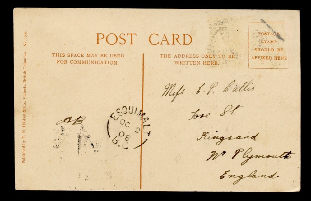 🍁 Nanaimo Harbour post card 1908 ESQUIMALT, B.C. split ring Canada