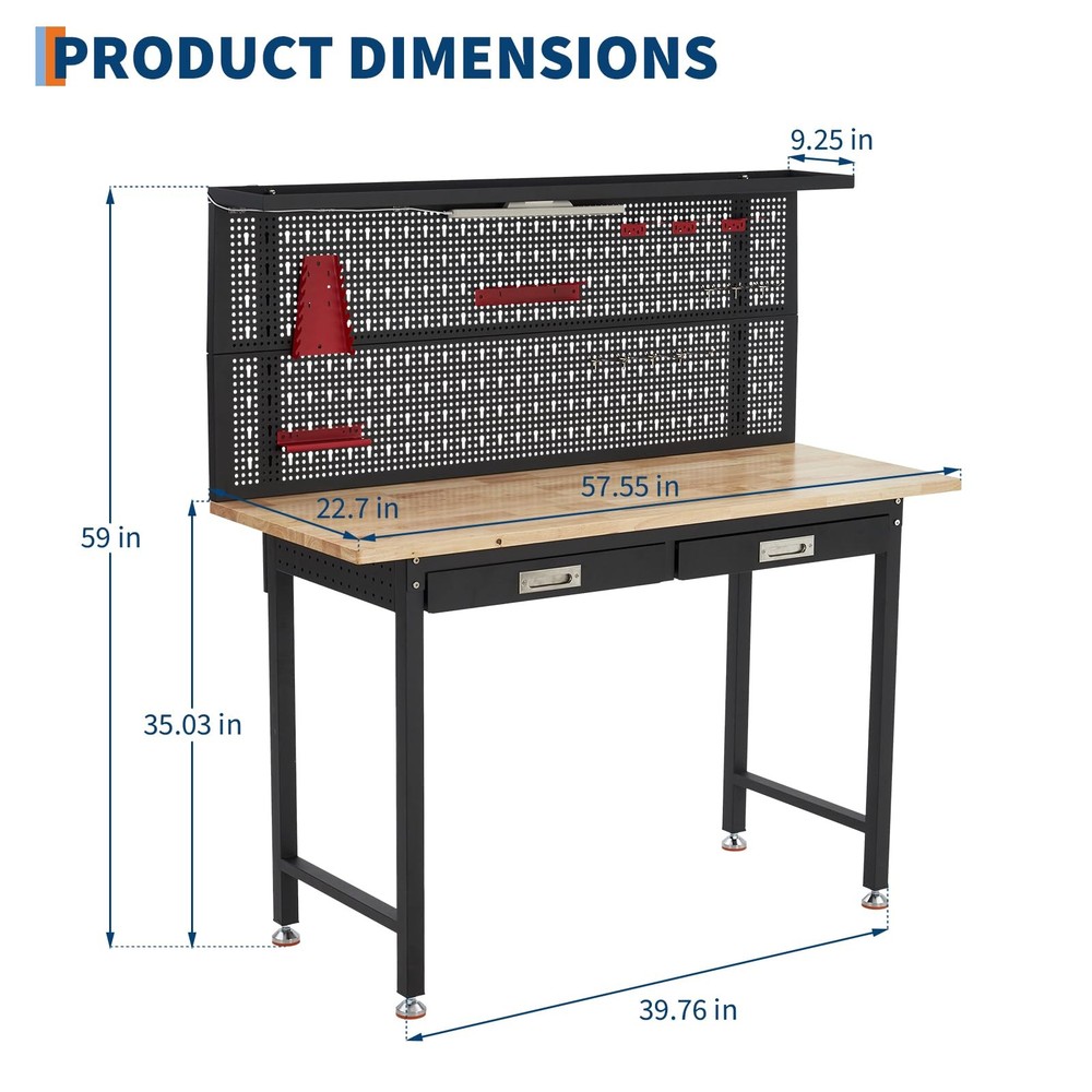 60" Heavy Duty Workbench w/Storage Drawers & Pegboard, 2000Lbs Garage Work Bench