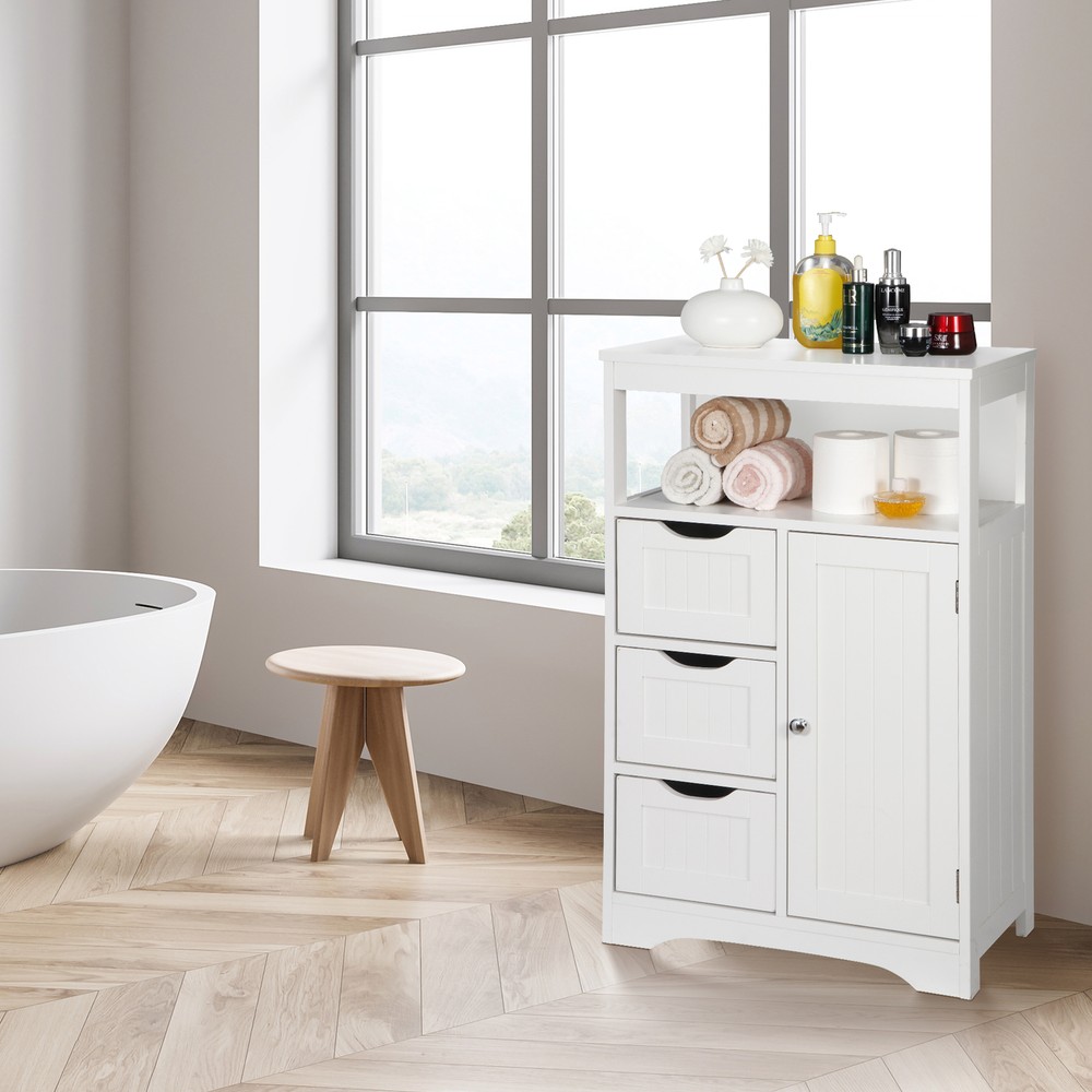 Bathroom Floor Cabinet Freestanding Adjustable Storage Cabinet White Cupboard