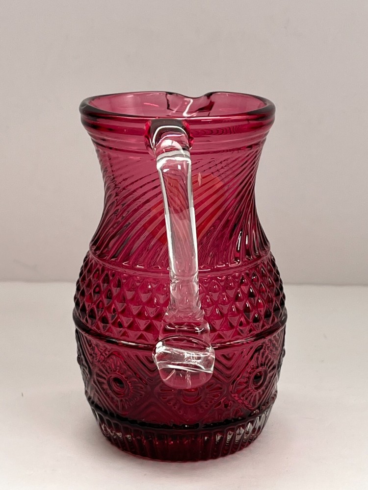 Vintage Pilgrim Art Glass Cranberry Bennington Pattern Pitcher w/ Clear Handle