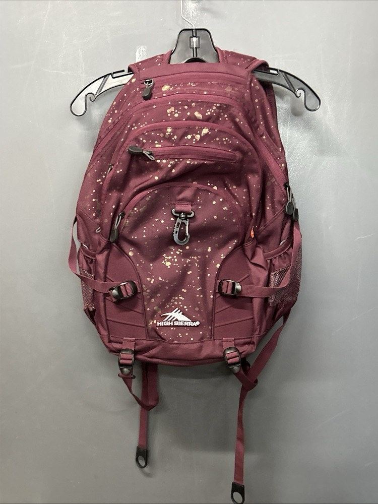 High Sierra Loop Backpack Bookbag Gold Splatter Pattern Maroon Bag
