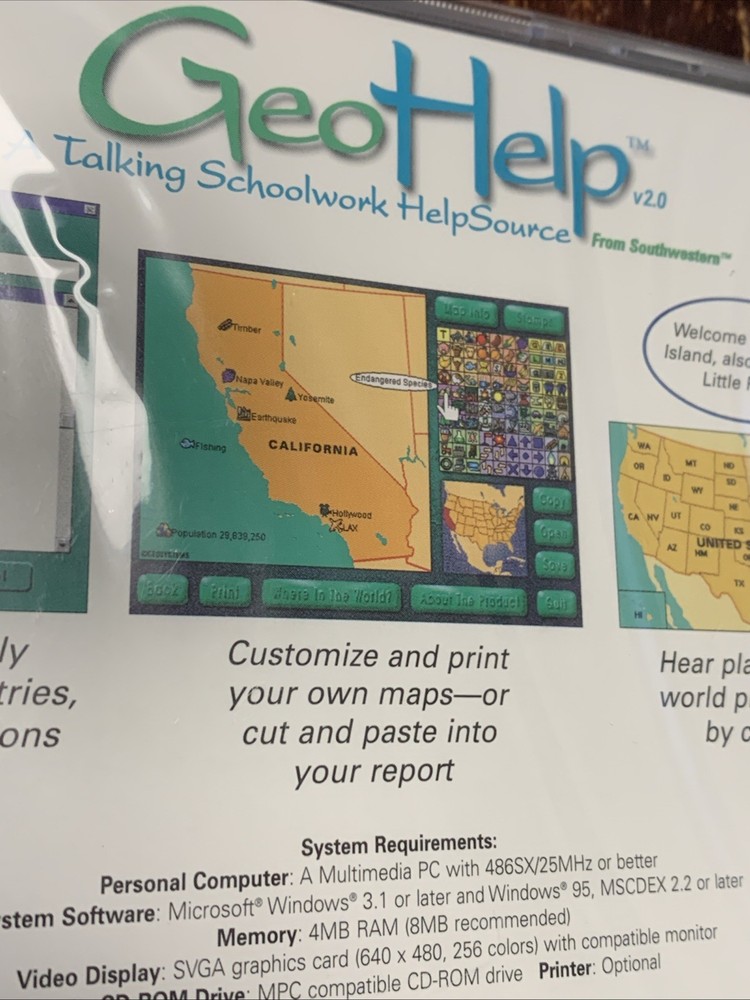 1998 GeoHelp - A Talking Schoolwork Help Source VTG. Computer Disc - Windows New