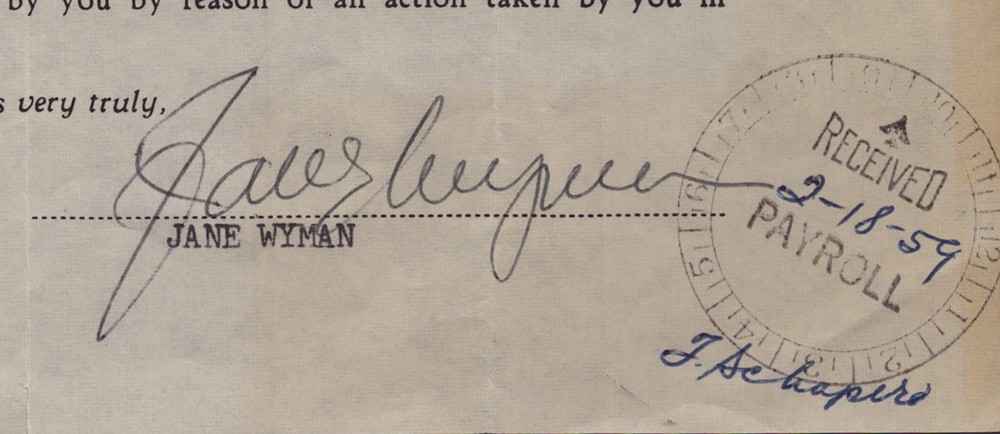 JANE WYMAN - DOCUMENT SIGNED 02/10/1959