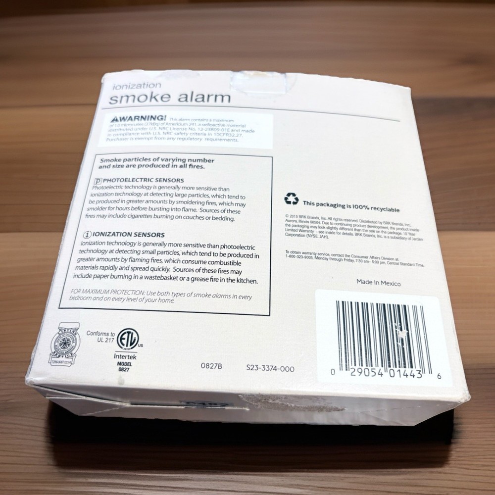 Smoke Alarm 10 Year Ionization Sensor, New/Open Box
