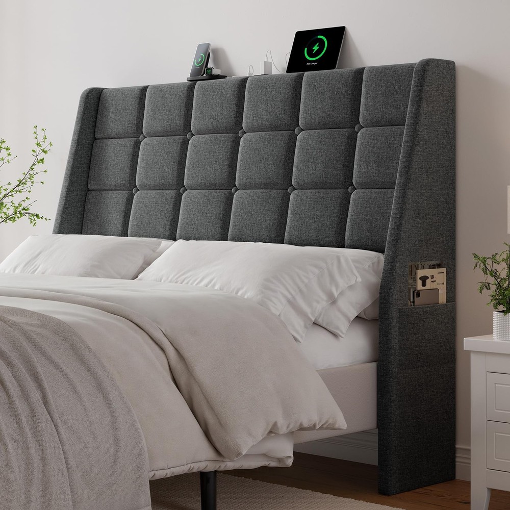 Full Headboard Charging Station Linen Wingback Storage Pocket Dark Grey